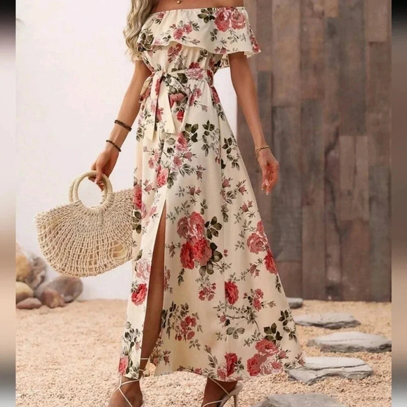 Boho Floral Print Puff Sleeve Knot Front Split Thigh Dress - Picture 2 of 5